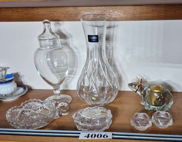 Atlantis Crystal vase, covered candy dishes, bear votive candle holder, Pressed Glass nappy, etc