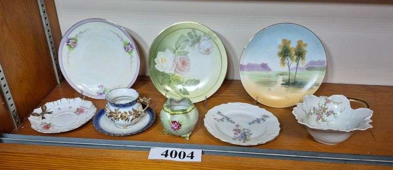 Hand painted plates, Haviland bowl, cup and saucer, plate stands, etc.
