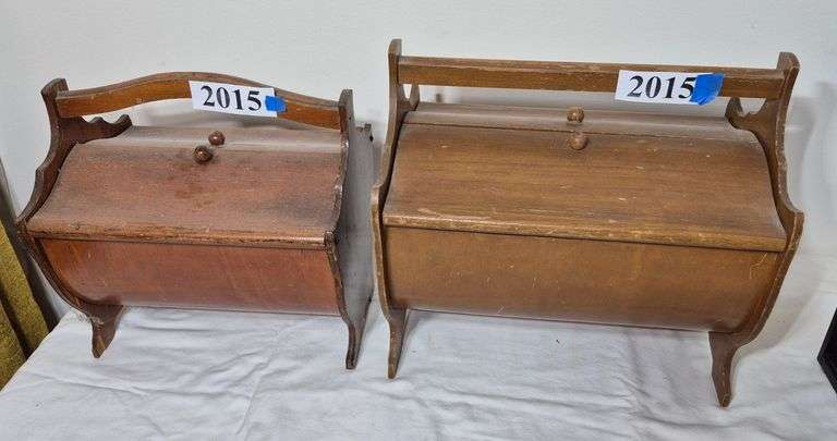 Two wood sewing caddies, buttons, sewing supplies, Etc