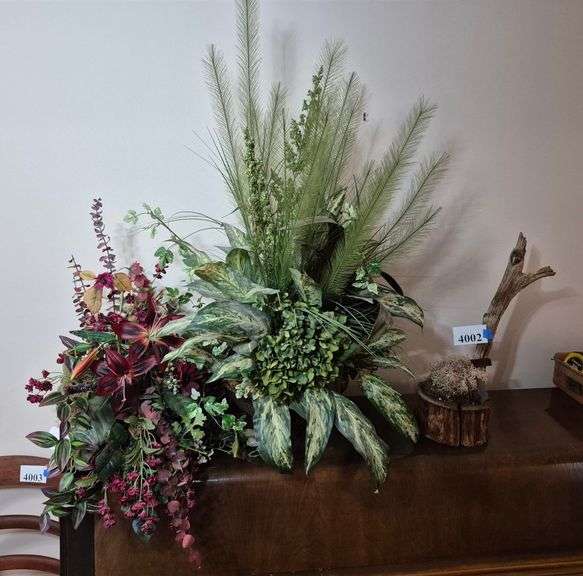 Artificial flower arrangements, Driftwood sculpture