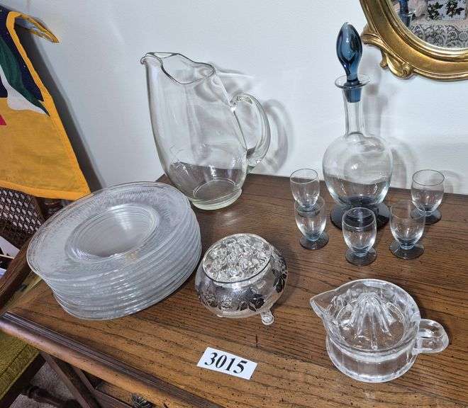 Liquor decanter with five shot glasses, pitcher with etched S, silver overlay footed bowl with flowe
