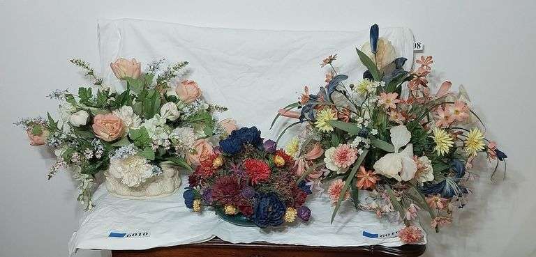 3 artificial flower arrangements in pottery and ceramic planters