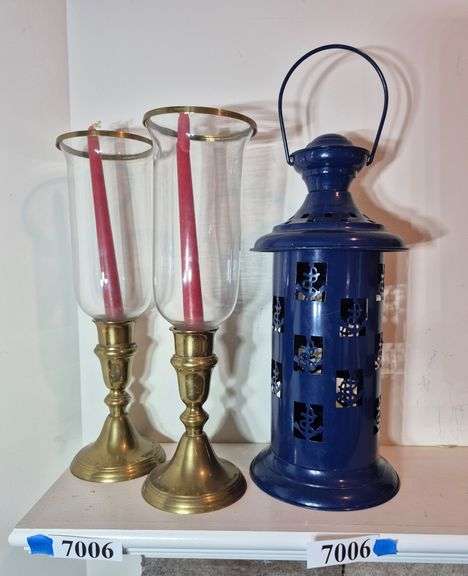 Pair of brass candle holders with glass shades, blue metal nautical candle lamp