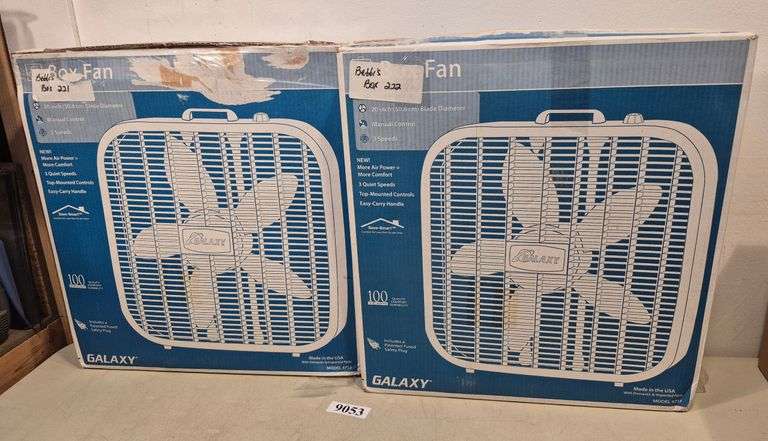 Two Galaxy 20 in. box fans in boxes - Mark Van Hook, Auctioneer