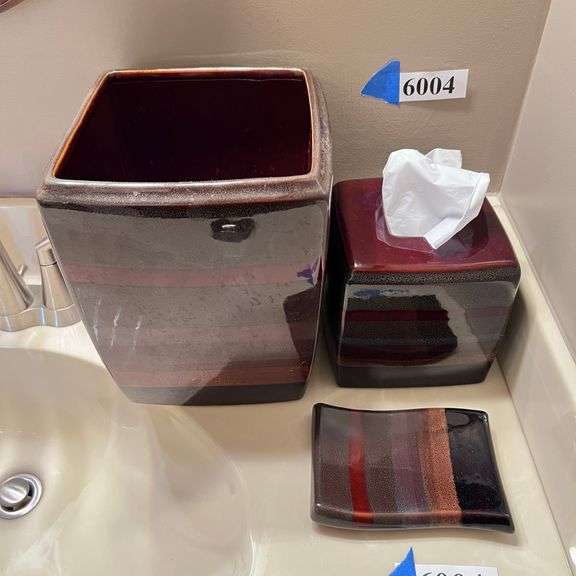 Ceramic bathroom accessories including tissue holder, soap dish, wastebasket