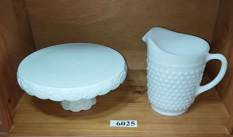 Milk glass hobnail pitcher, cake stand