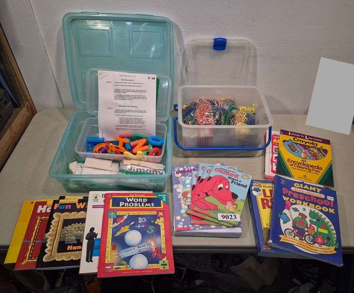 Children's books, educational materials, plastic totes