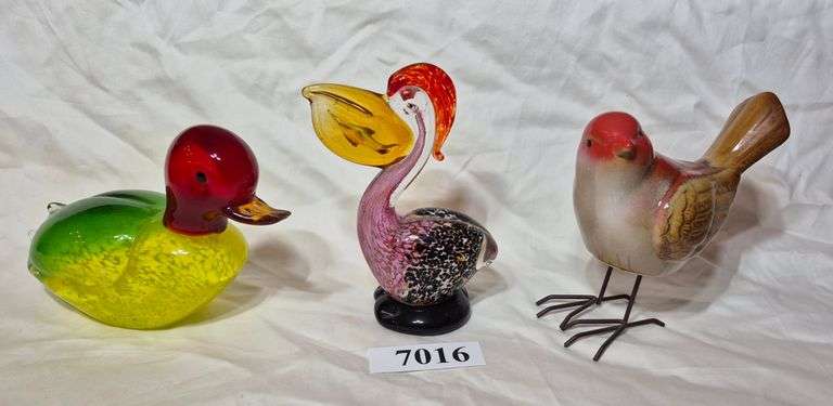 Two art glass, One ceramic bird figurines