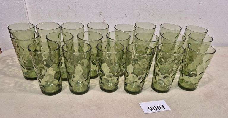 Large set green mid-century drinking glasses