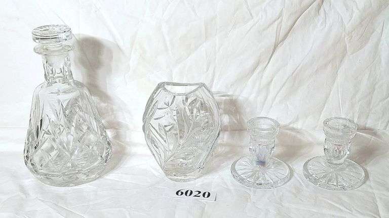 Crystal decanter, vase, pair of candlesticks