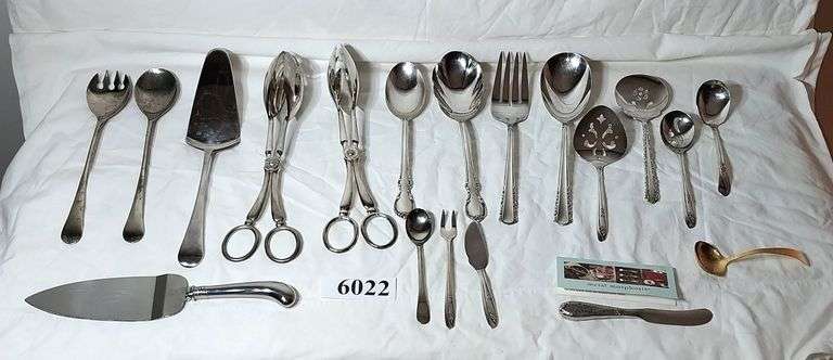 Silverplate and stainless steel serving utensils, Metal Morphosis cheese knife, 24k GP ladle