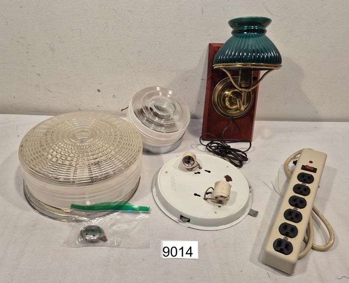 Wall lamp with Green Glass shade, vintage ceiling light fixtures, power strip, Etc