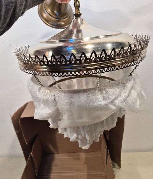 Antique ceiling light fixture with three tiers of hanging prisms