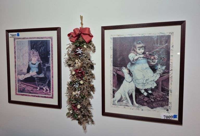 Two framed prints, floral wall hanging
