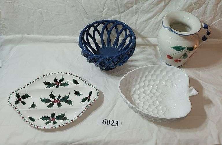 Ceramic pitcher, California Peach blue ceramic bread basket, white strawberry bowl, Christmas holly.
