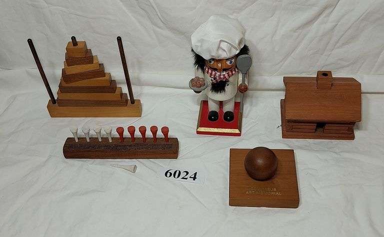 Wood cabin incense burner, Columbus Art Memorial magnetic ball, two brain teaser games, Chef...