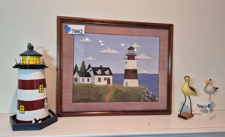 Framed lighthouse print?, lighthouse figurine, two wood shore bird figurines