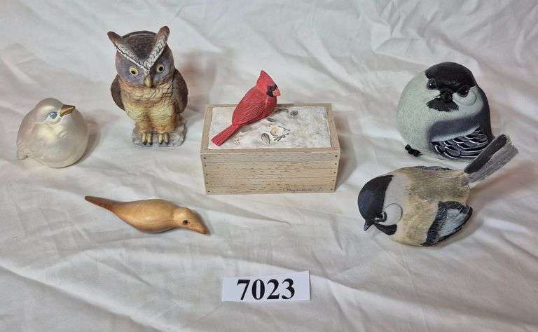 Ceramic, plastic, and wood bird figurines, bank, and covered box
