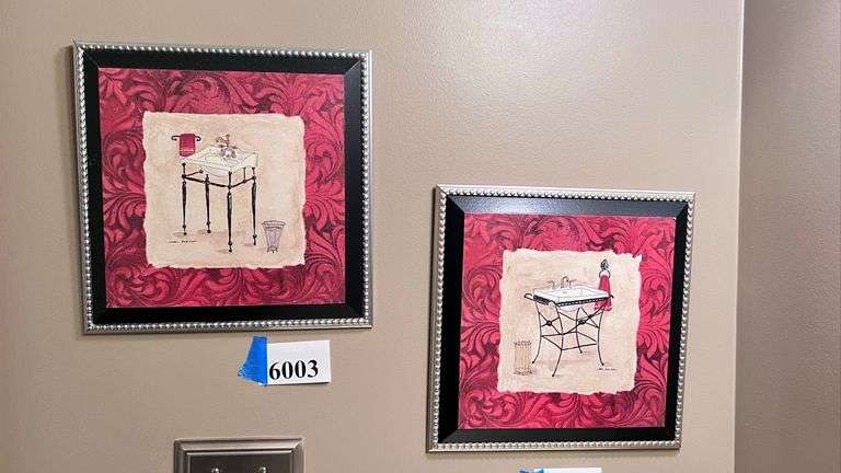 Pair of small bathroom wall hangings