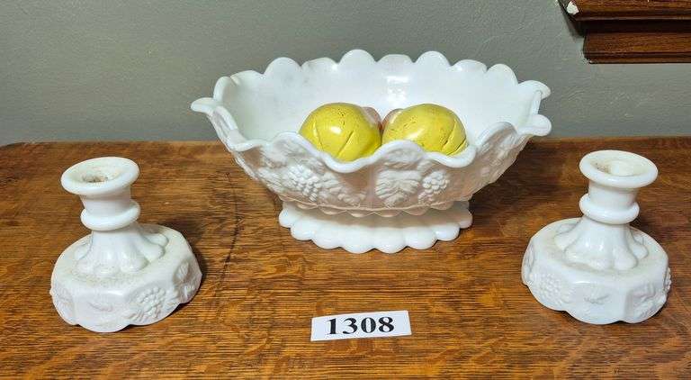 Milk glass console set, plastic pears