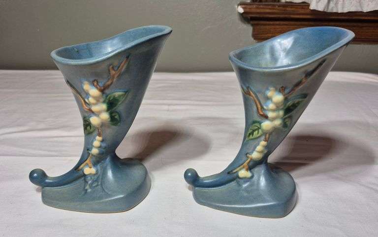 Pair of Roseville Pottery Snowberry cornucopia vases