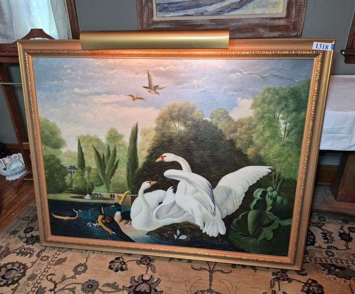 Large framed swan painting on canvas with picture light