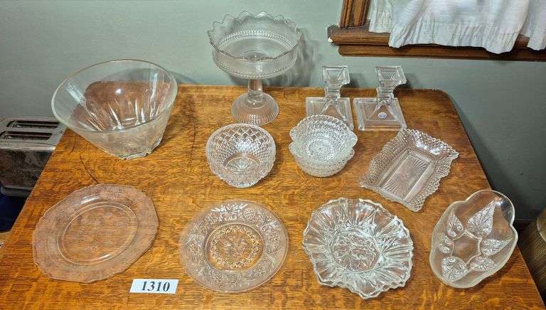 Bohemia crystal candle holders, patterned glass compote, bowls, plates, Etc