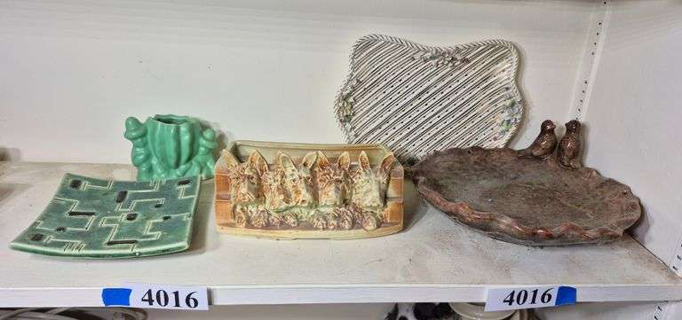 Pottery plates, McCoy dog planter, Etc