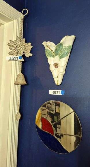 Stained glass wall hanging, Pottery wall pocket, metal bell wind chimes