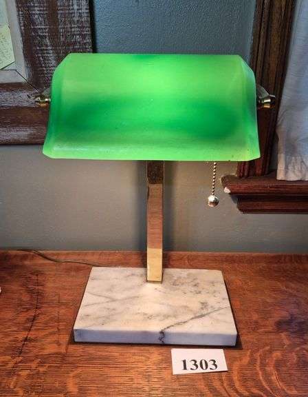 Green grass shade banker's desk lamp with marble base