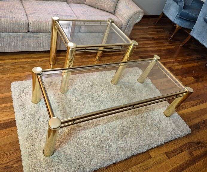Brass and glass coffee and end tables, area rug