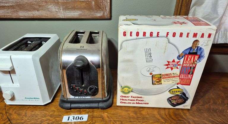 Two toasters, George Foreman Grill in box