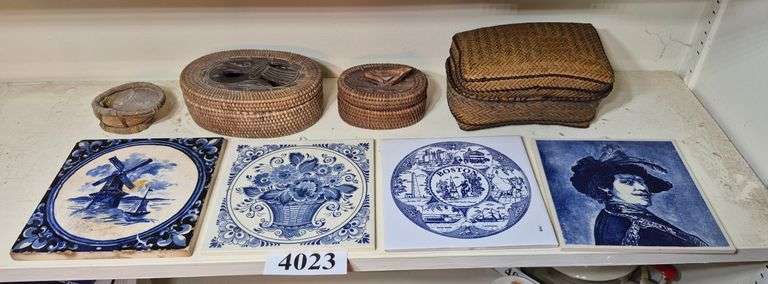 Blue and white tiles, small baskets, tiny seashells