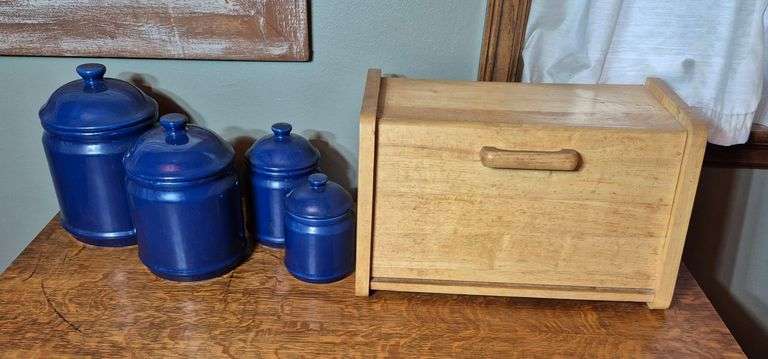 Wood bread box, blue ceramic canister set