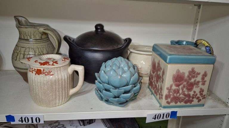 Pottery teapots, pitchers, artichoke, box, etc