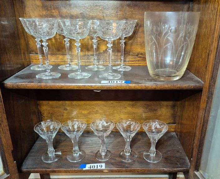 Etched glass stemware, ice bucket