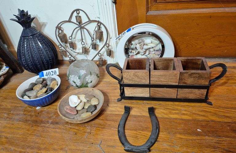 Bowls of River stones, hand painted Rose bowl, seashell vase, bells, plastic covered dish, Etc