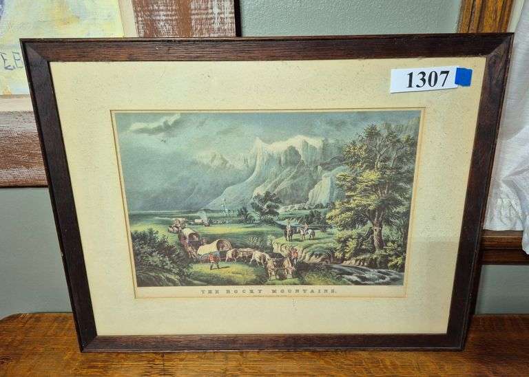 Antique framed Courier and Ives "The Rocky Mountains" print