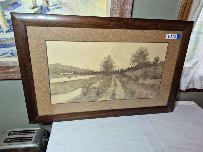 Antique framed monochrome lithograph