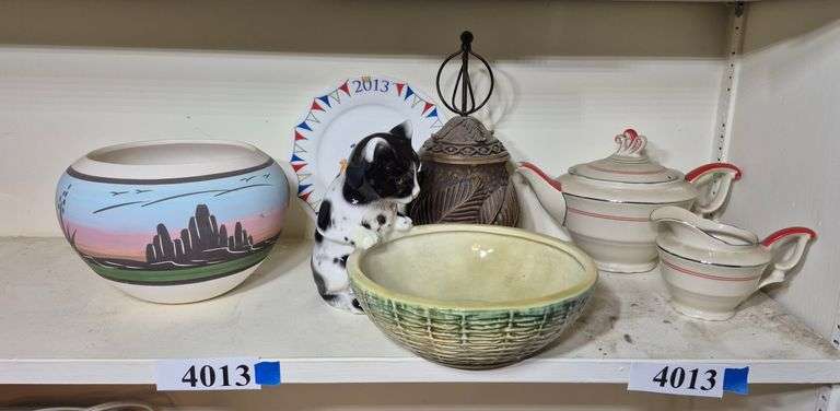 Southwestern pottery vase, cat bowl, teapot and creamer, plastic covered dish, 2013 plate