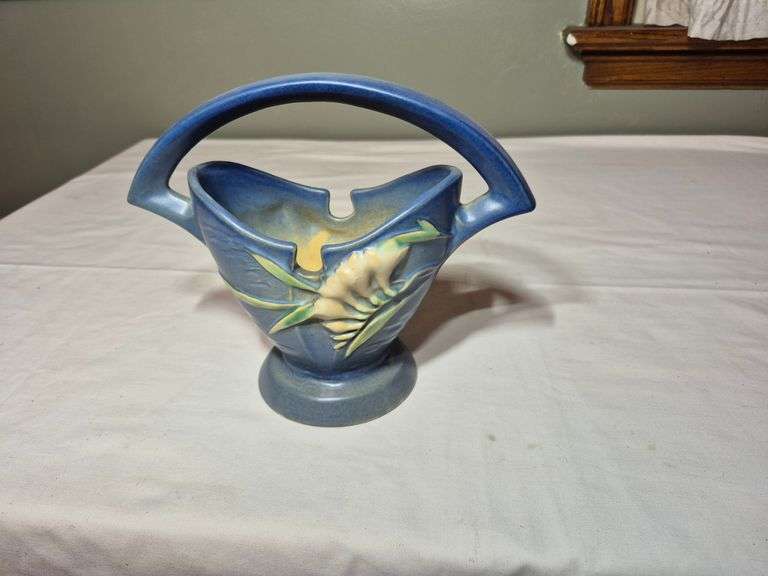 Roseville Pottery Blue Freesia basket