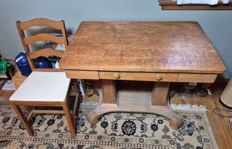 Antique oak one drawer Library table / desk, chair
