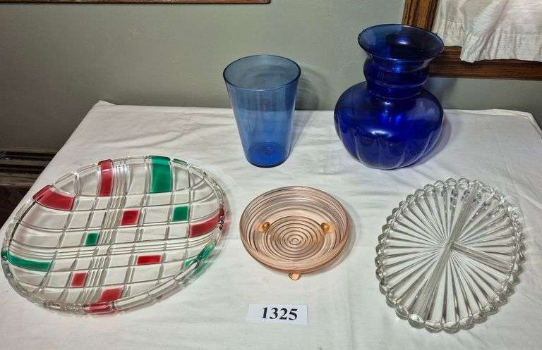 Two blue glass vases, Heisey divided oval plate, pink depression footed bowl, large Mikasa? red and