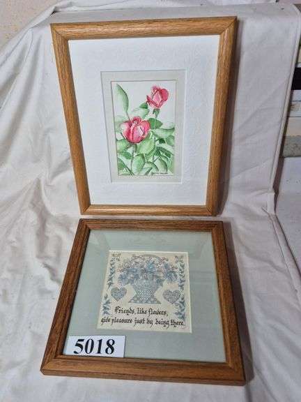 Small framed artist signed rose painting with gold flakes, framed wall hanging