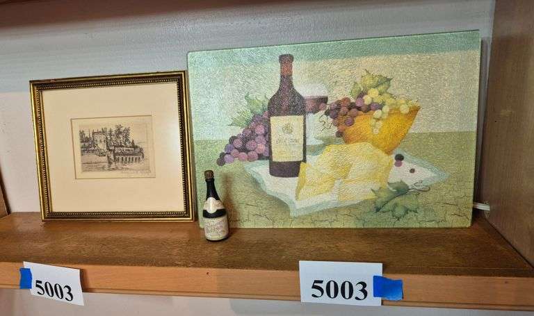 Small framed print, glass cutting board, miniature champagne bottle