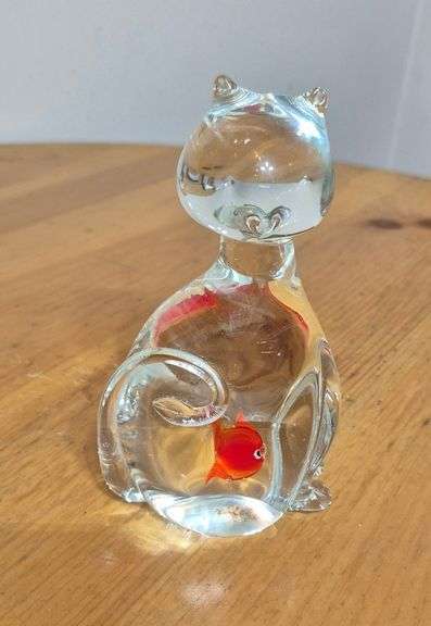 Glass cat paperweight with fish in belly