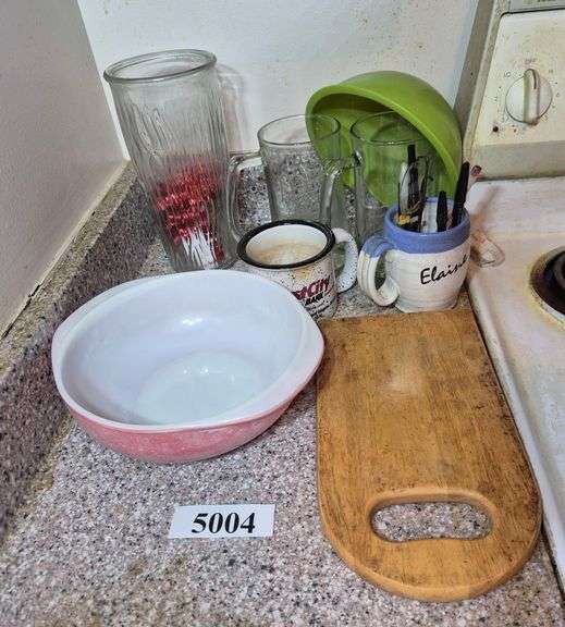 Pink Pyrex bowl, cutting board, mugs, vase, Etc
