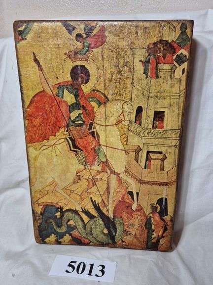 Russian Orthodox Icon depicting the miracle of Saint George and the Dragon on a thick wood panel