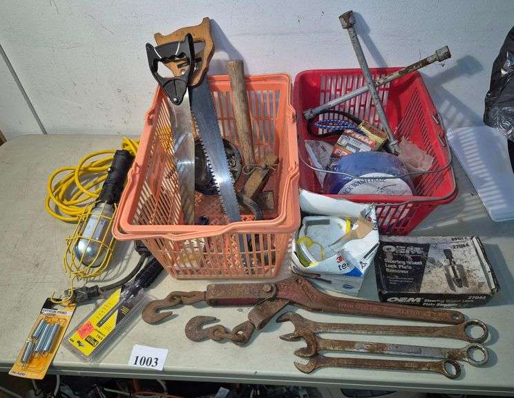 Hand tools, work light, masks, chain binder, hardware, Etc