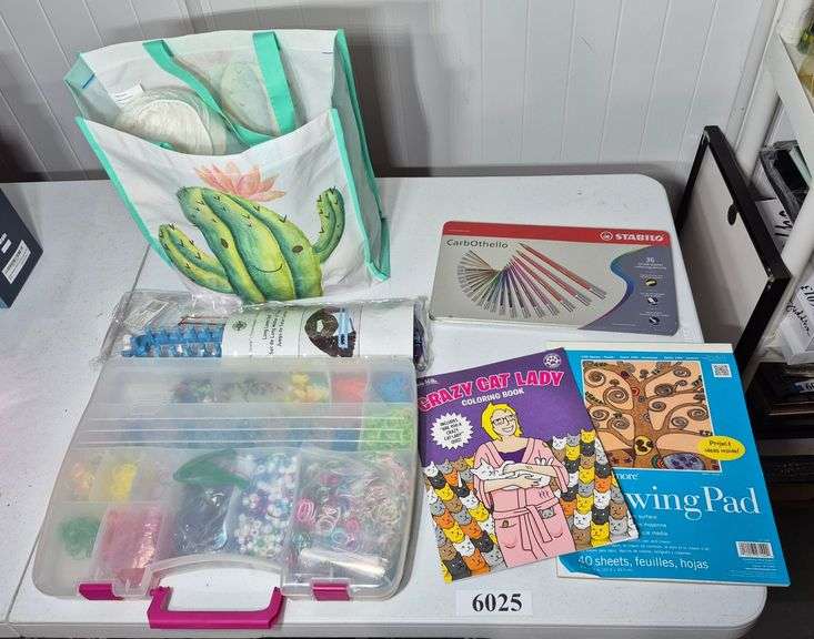 Colored pencils, drawing pad, coloring book, craft supplies, yarn, Etc